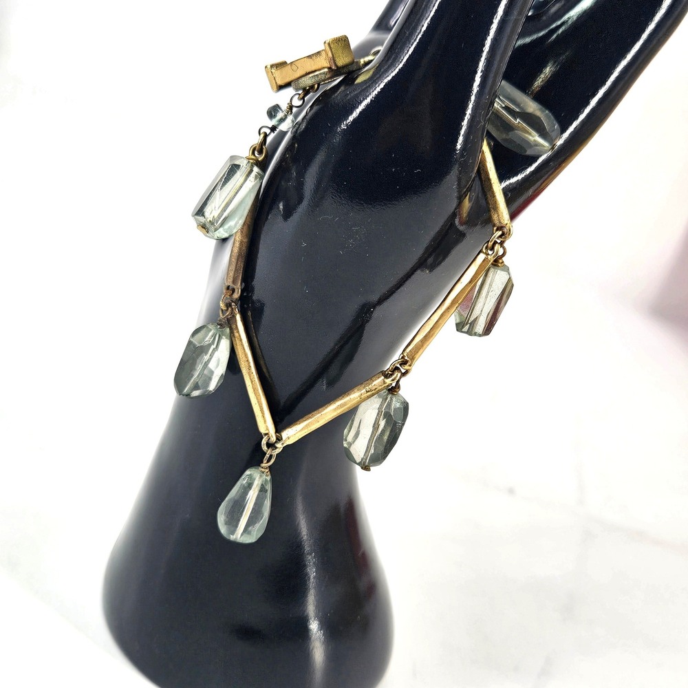 Gold Tone Toggle Clasp Bracelet Faceted Glass Grey/ Green Dangle Charm Beads‎